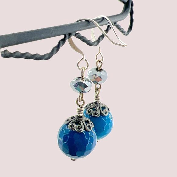 Blue Faceted Agate Drop Earrings with Silver Crystal on Silver Tone Wires - Picture 3 of 4